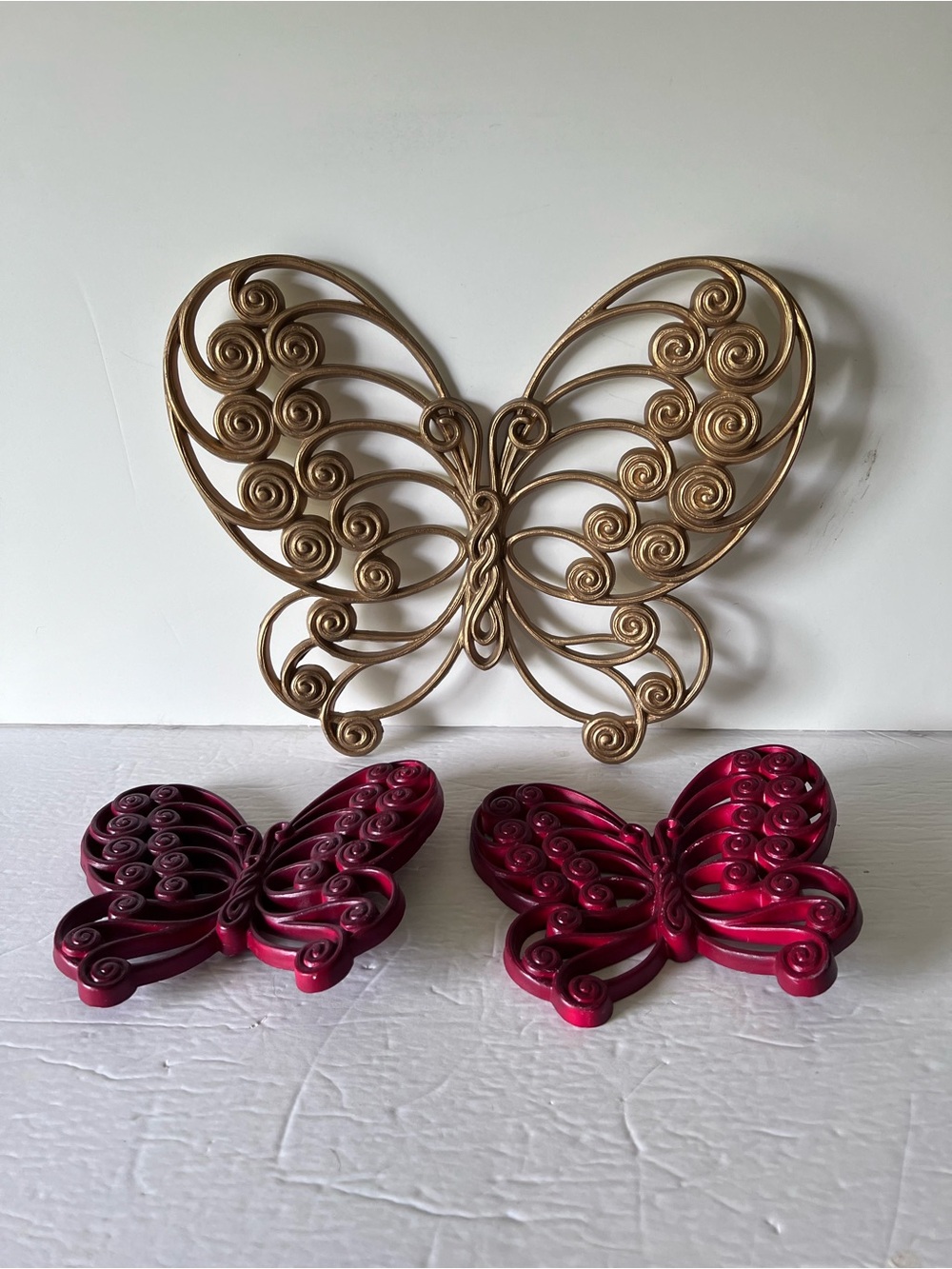 Vintage 1970’s Burwood Butterflies Gold And Red Set Of 3 Wall Decor 3D 10” 6”